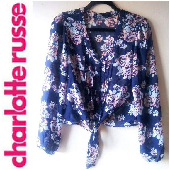 Tops - CHARLOTTE RUSSE ROSES TIE BLOUSE - BLUE & PINK